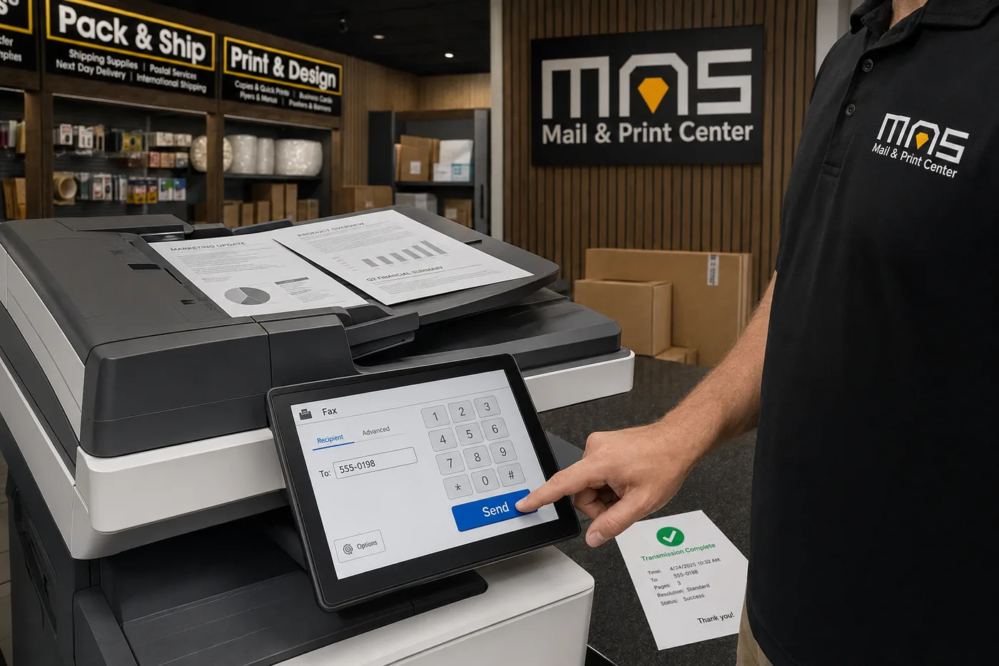 A customer sends a fax using the copier at MAS Hub.