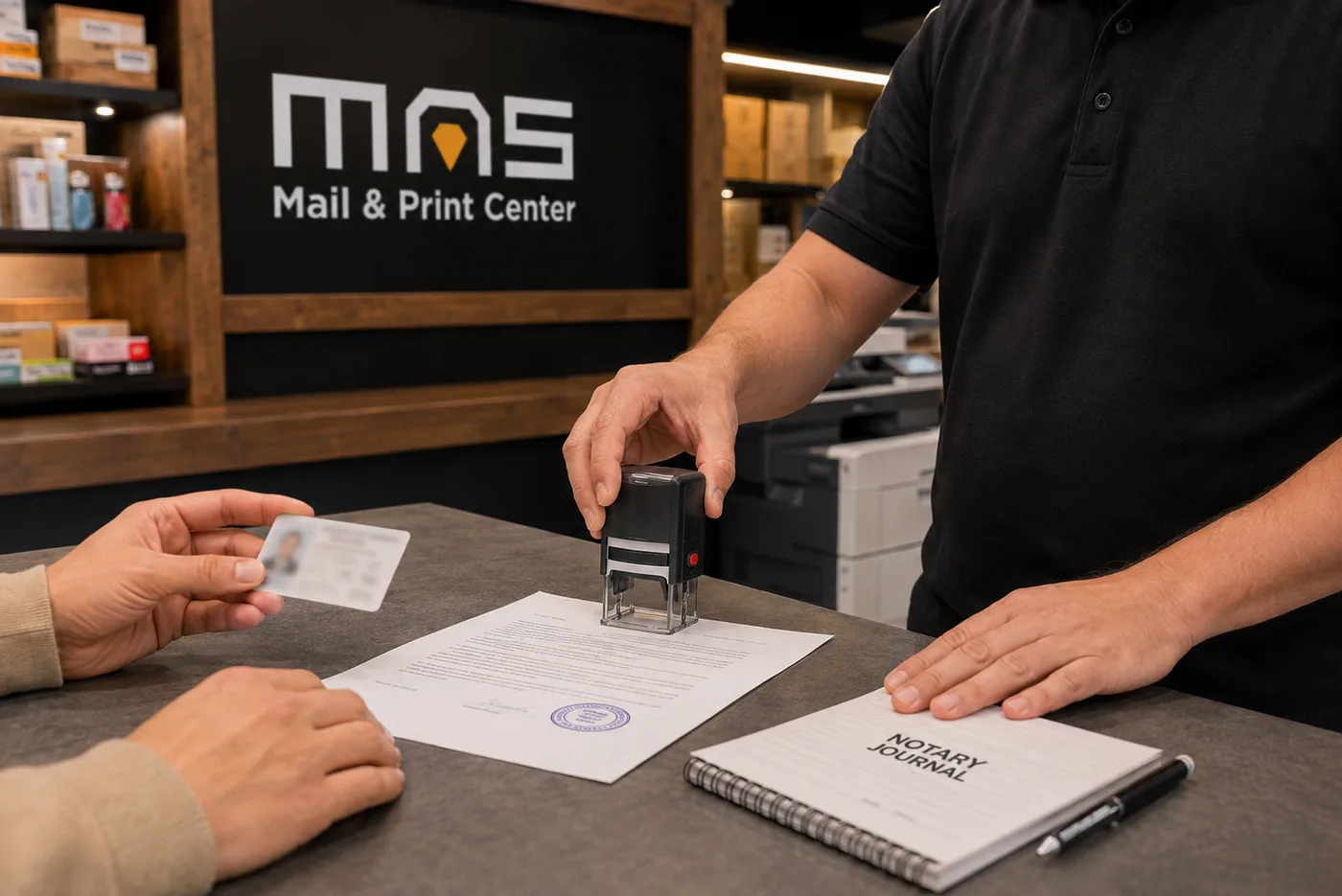 A notary public stamps a signed document at the MAS Hub counter.